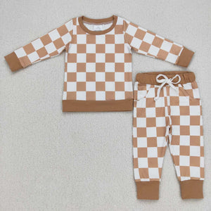 Promotional Brown White Plaid Boys Long Sleeve+Trousers Sets