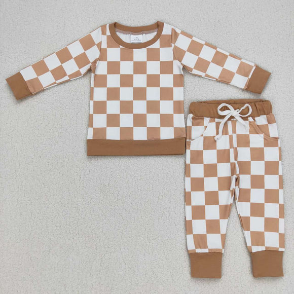 Promotional Brown White Plaid Boys Long Sleeve+Trousers Sets