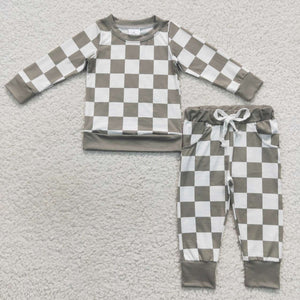 Promotional Green Plaid Boys Long Sleeve+Trousers Sets