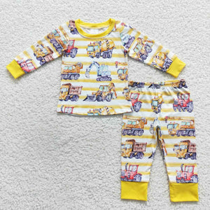 Car Stripe Yellow Boys Long Sleeve Pajamas