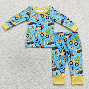 Truck Tree Blue Yellow Boys Christmas Pajamas