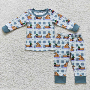 Duck Plaid Blue Boys Long Sleeve Pajamas