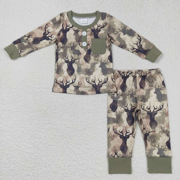 Camo Elk Deer Green Jungle Hunting Boys Long Sleeve Pajamas