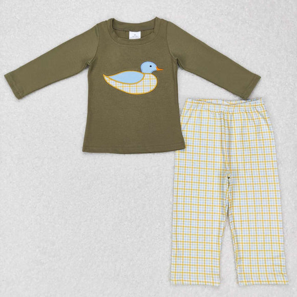 Plaid Duck Green Boys Long Sleeve+Trousers Sets