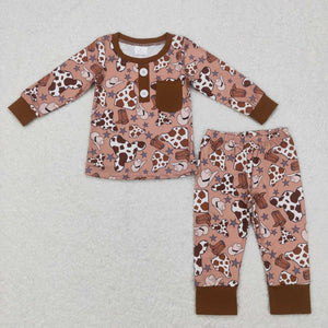 Boots Hat Stars Cow Print Brown Boys Long Sleeve Pajamas