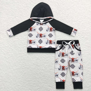 Highland Cow Aztec Black Boys Fall Hoodie Sets