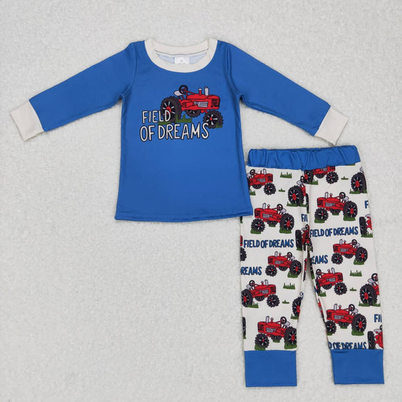 Field of Dreams Tractor Blue Boys Long Sleeve Pajamas