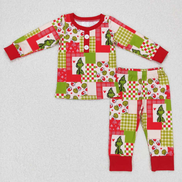 Cartoon Plaid Red Green Boys Christmas Pajamas