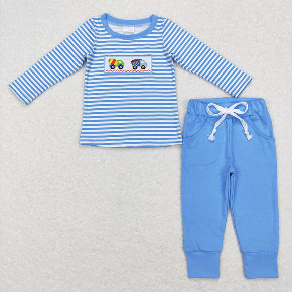 Construction Truck Blue Stripe Boys Long Sleeve+Trousers Sets