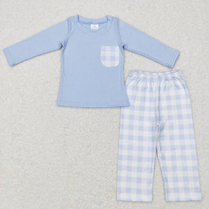 Plaid Pocket Sky Blue Boys Long Sleeve+Trousers Sets