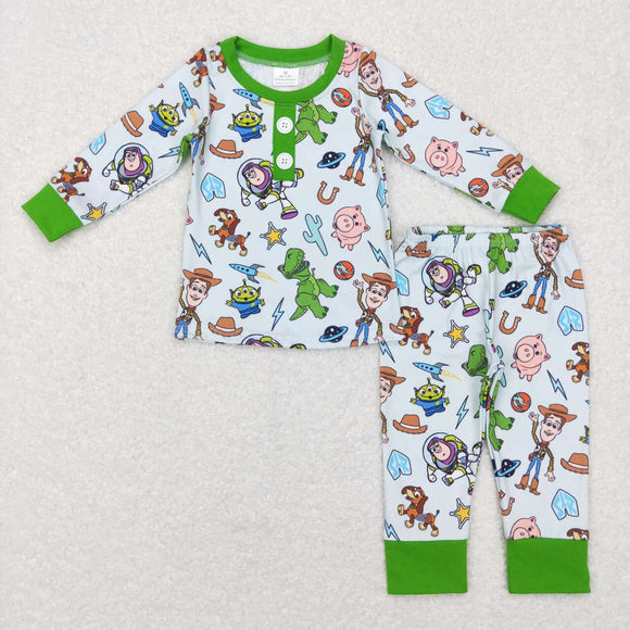 Cartoon Blue Green Boys Long Sleeve Pajamas