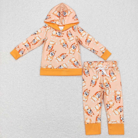 Cartoon Dogs Orange Boys Fall Hoodie Sets