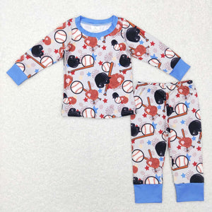 Baseball Gray Blue Boys Long Sleeve Pajamas