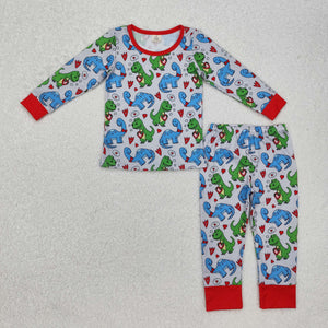 Bamboo Heart Dinosaur Gray Red Boys Valentines Pajamas