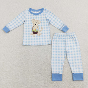 Eggs Dog Blue Plaid Boys Easter Pajamas