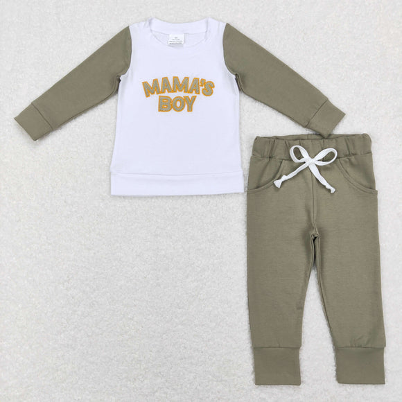 Mama's Boy Green White Boys Long Sleeve+Trousers Sets