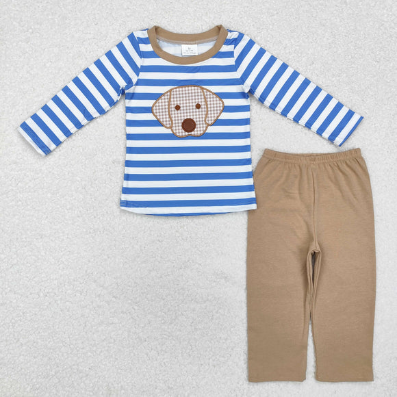 Dog Blue Stripe Brown Boys Long Sleeve+Trousers Sets