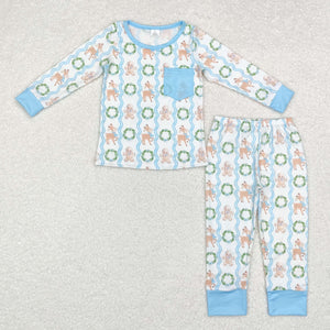 Bamboo Gingerbread Reindeer Blue Pocket Boys Christmas Pajamas