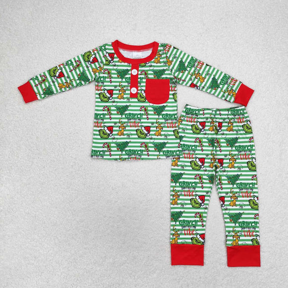 Cartoon Vibe Green Stripe Boys Christmas Pajamas