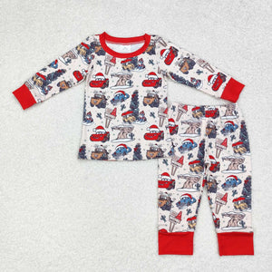 Cartoon Car Red Beige Boys Christmas Pajamas