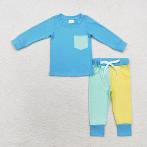 Yellow Blue Patchwork Boys Long Sleeve+Trousers Sets