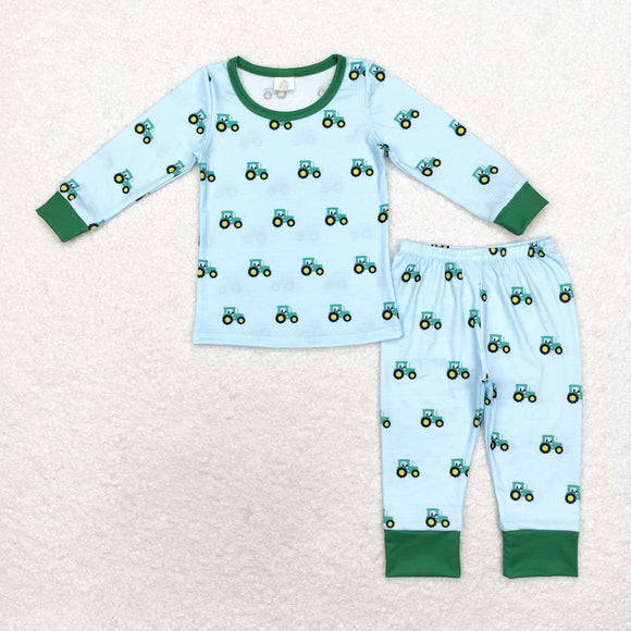 Bamboo Tractor Blue Green Boys Long Sleeve Pajamas