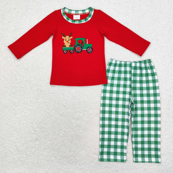 Reindeer Tractor Green Plaid Red Boys Christmas Outfits