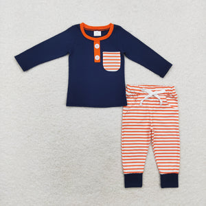 Orange Stripe Pocket Navy Boys Long Sleeve+Trousers Sets