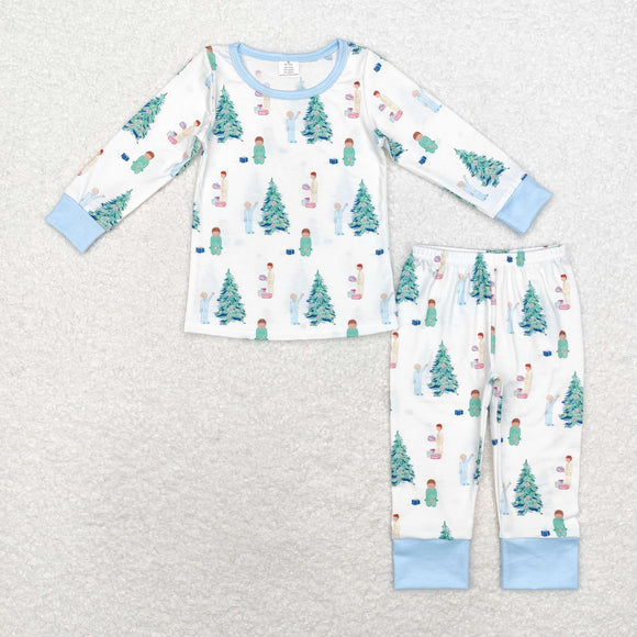 Bamboo Cartoon Tree Gift White Blue Boys Christmas Pajamas