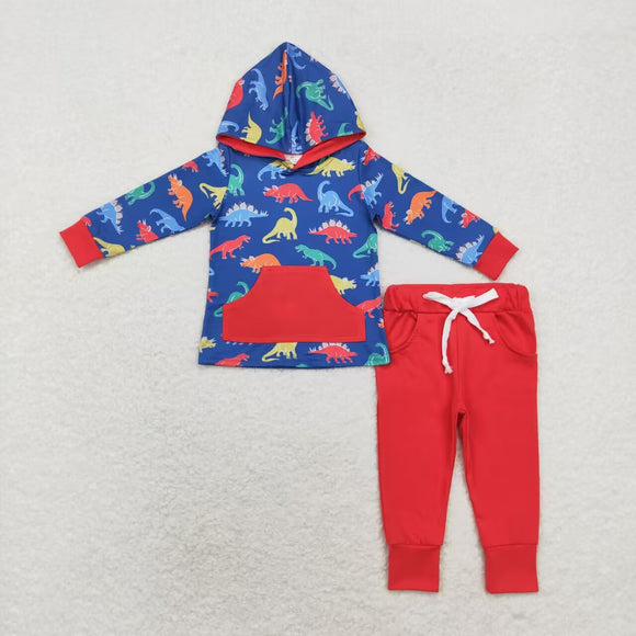 Dinosaur Blue Red Boys Fall Hoodie Sets