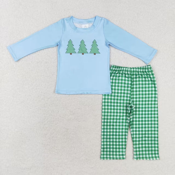 Tree Green Plaid Blue Boys Christmas Outfits