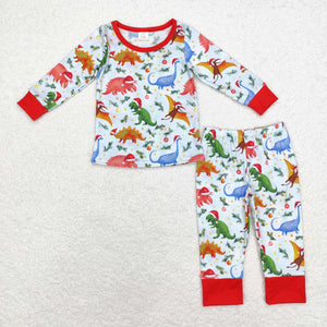 Bamboo Dinosaur Blue Red Boys Christmas Pajamas