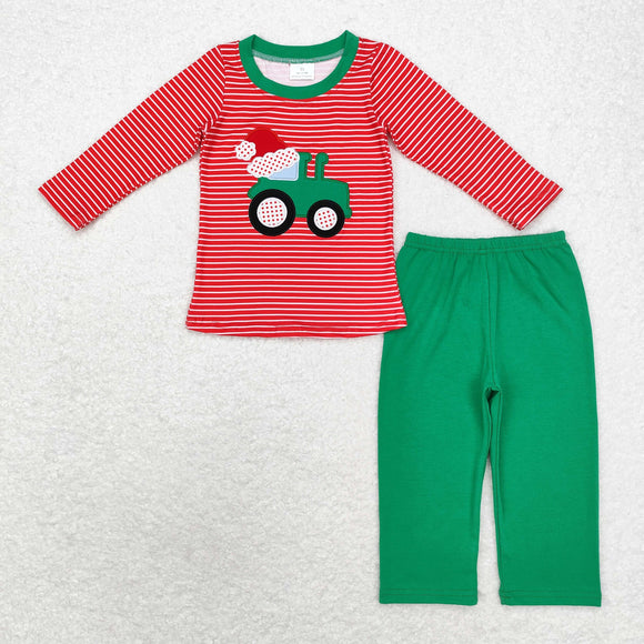 Tractor Red Stripe Green Boys Christmas Outfits