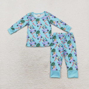 Bamboo Cartoon Dogs Candy Cane Blue Boys Christmas Pajamas