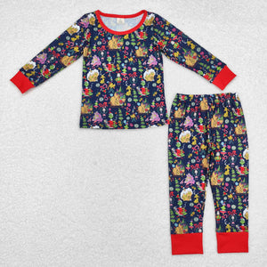 Bamboo Cartoon Navy Red Boys Christmas Pajamas