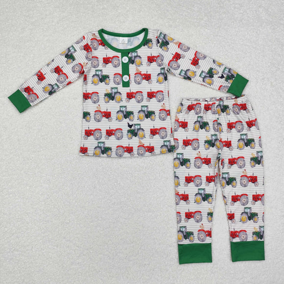 Bamboo Tractor Stripe Green Boys Long Sleeve Pajamas