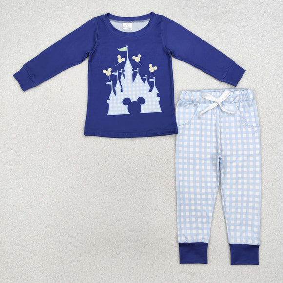 Cartoon Balloon Blue Plaid Boys Long Sleeve+Trousers Sets