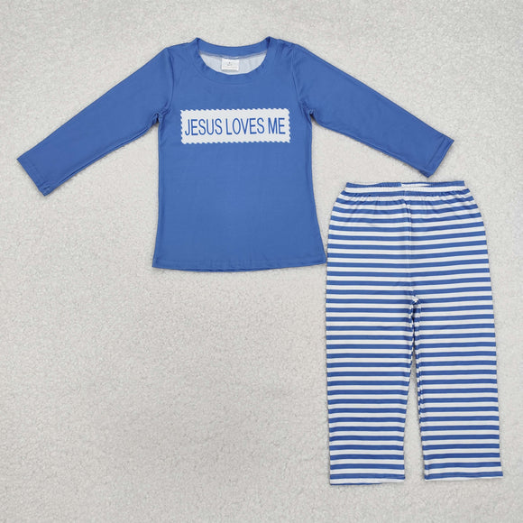 Jesus Loves Me Blue Stripe Boys Christmas Outfits