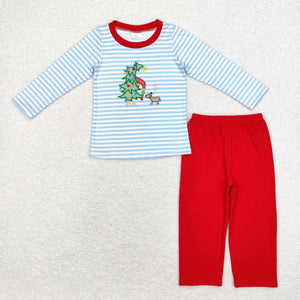 Cartoon Tree Blue Stripe Red Boys Christmas Outfits