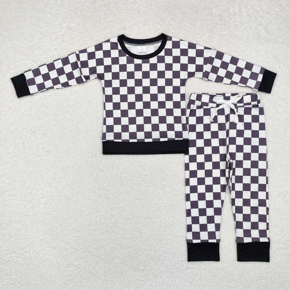 Black White Plaid Boys Long Sleeve+Trousers Sets