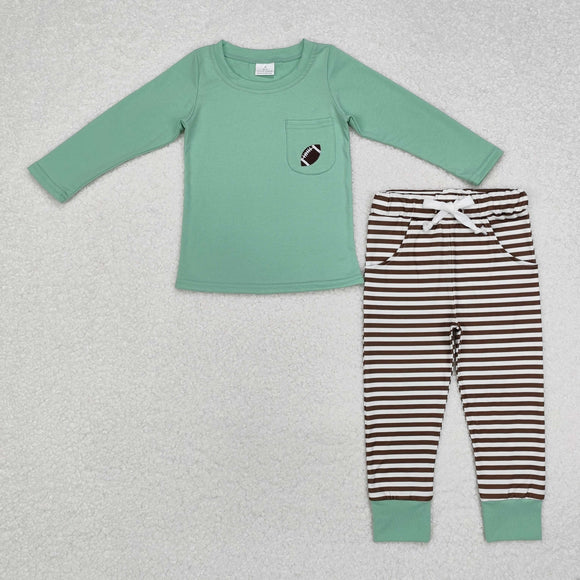 Football Pocket Green Brown Stripe Boys Long Sleeve+Trousers Sets