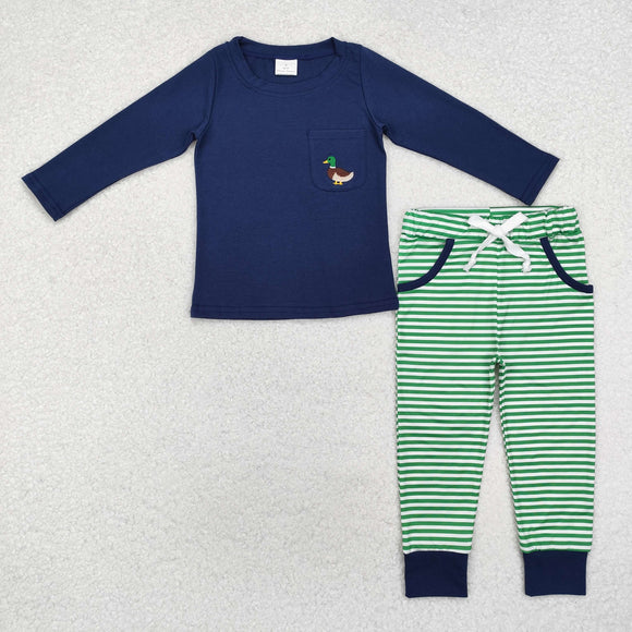 Duck Pocket Navy Green Stripe Boys Long Sleeve+Trousers Sets