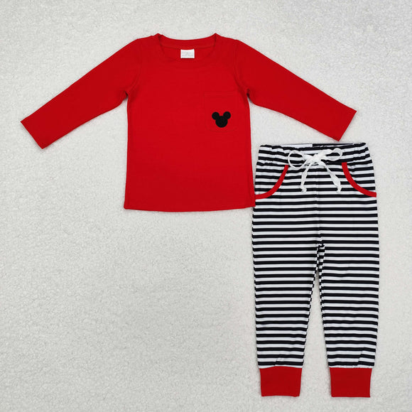 Cartoon Pocket Red Black Stripe Boys Long Sleeve+Trousers Sets