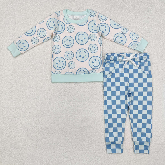 Smile Blue Plaid Beige Boys Long Sleeve+Trousers Sets