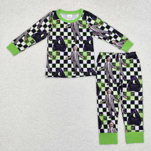 Cartoon Plaid Purple Green Boys Halloween Pajamas