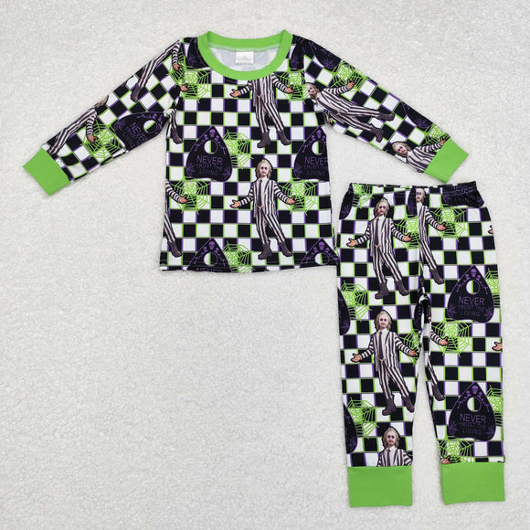 Cartoon Plaid Purple Green Boys Halloween Pajamas