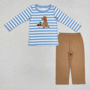 Duck Dog Blue Stripe Brown Boys Long Sleeve+Trousers Sets