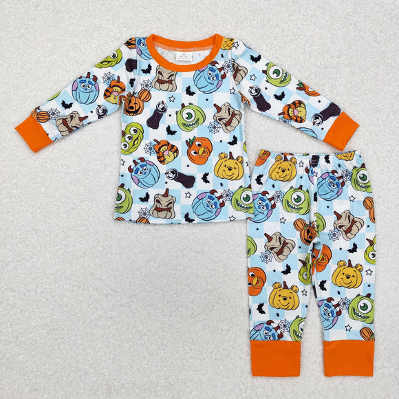 Cartoon Bats Orange Blue Plaid Boys Halloween Pajamas