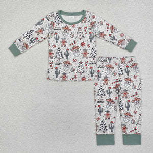 Cactus Santa Gingerbread Beige Green Boys Christmas Pajamas