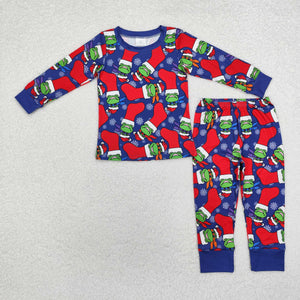 Cartoon Tortoise Red Socks Blue Boys Christmas Pajamas